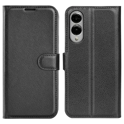 For Samsung Galaxy S25 Edge Case Litchi Texture Shockproof Leather Wallet Phone Cover - Black