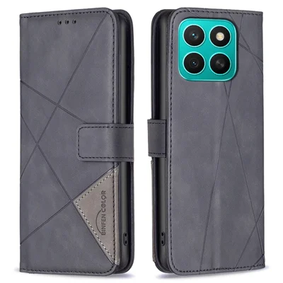 BINFEN COLOR For Honor X8c 4G Phone Cases Wallet Stand Geometry Imprint Leather Cover - Black