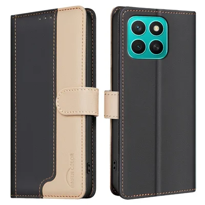 BINFEN COLOR BF33 For Honor X8c 4G Leather Case Splicing Color RFID Blocking Wallet Stand Phone Cover - Black