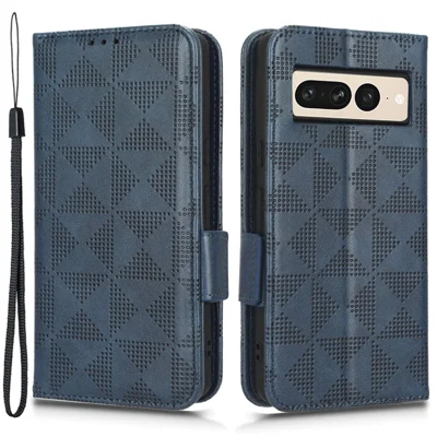 Flip Cell Phone Cover For Google Pixel 7 Pro 5G, Imprinted Triangle Pattern Leather Magnetic Phone Case with Stand Wallet - Blue