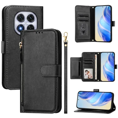 For Xiaomi Redmi Note 14 Pro 4G Case Zipper Pocket Multiple Card Slots Leather Phone Cover - Black