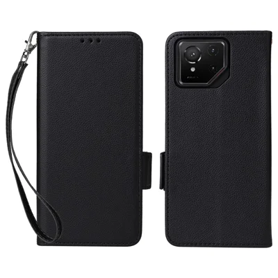 غطاء لهاتف Asus ROG Phone 9 5G / Phone 9 Pro 5G مع حزام معصم وتصميم جلد PU بنسيج توت الليتشي ومحفظة - أسود