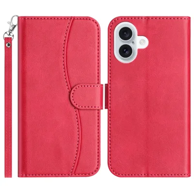 For iPhone 16 Stand Case with Strap PU Leather Wallet Phone Cover S Shape Stitching Design - Rose