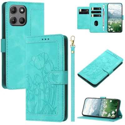 For Motorola Moto G 5G (2025) Case Tulip Leather Phone Cover with 5 Card Slots Wallet - Green