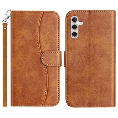 For Samsung Galaxy A54 5G Stand Case with Strap PU Leather Wallet Phone Cover S Shape Stitching Design - Brown
