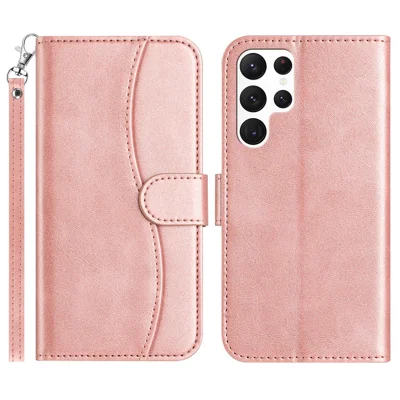 For Samsung Galaxy S24 Ultra Stand Case with Strap PU Leather Wallet Phone Cover S Shape Stitching Design - Rose Gold