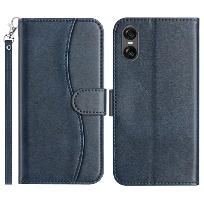 For Sony Xperia 10 VI Stand Case with Strap PU Leather Wallet Phone Cover S Shape Stitching Design - Navy Blue