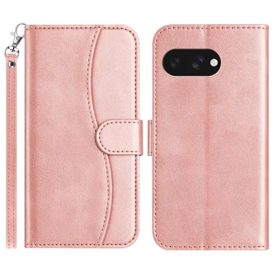 For Google Pixel 9a Stand Case with Strap PU Leather Wallet Phone Cover S Shape Stitching Design - Rose Gold