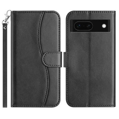 For Google Pixel 8a Stand Case with Strap PU Leather Wallet Phone Cover S Shape Stitching Design - Black