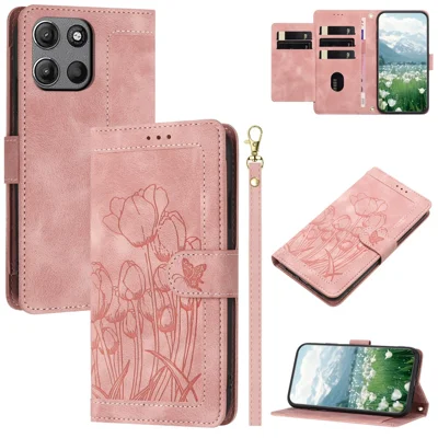 For Motorola Moto G Play (2025) 5G  /  G Power (2025) Tulip Leather Case Phone Cover with 5 Card Slots Wallet - Pink