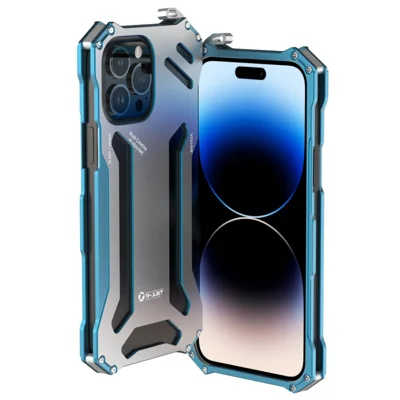 R-JUST Mekanisk Rustning Metal Skockbestandig Taske til iPhone 14 Pro Modfald Telefonbeskyttelse Hul Design - Blå