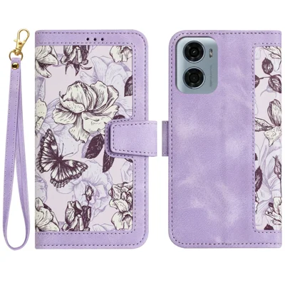 Voor Motorola Moto G05 4G hoesje PU lederen bloemenhoes met kaartsleuven - Lichtpaars