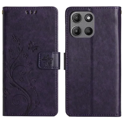 For Motorola Moto G Play (2025) 4G / G Power (2025) Leather Wallet Case Butterfly Flower Imprinted Phone Cover with Strap - Dark Purple