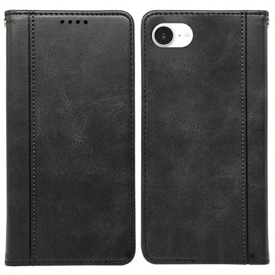 For iPhone 16e Hoesje met Verborgen Magnetische Sluiting en Kalfslederen Structuur - Zwart