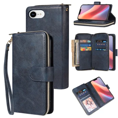 For iPhone 16e Hoesje met Ritsvak PU Leren Telefoonhoes met Handriem - Blauw