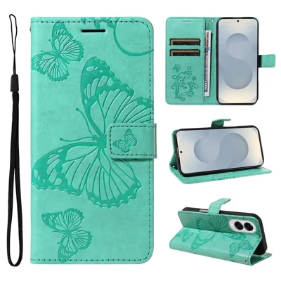 For Samsung Galaxy S25 Edge Wallet Case Floral Butterfly Imprinted Leather Phone Cover Stand -  Green