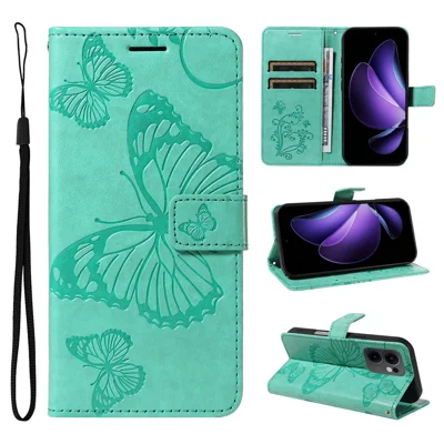 Til Oppo Reno13 F 5G (Reno 13 FS 5G) / 4G Wallet Case med blomstermotiv og indpræget sommerfugl i læder til telefon med stand - Grøn