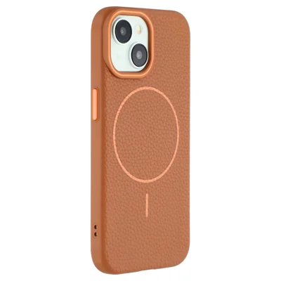 For iPhone 15 Magnetisk Case Litchi-tekstur TPU Telefonbeskyttelse Kompatibel med MagSafe - Brun