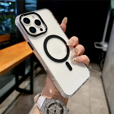 For iPhone 16 Pro Max Magnetic Case PC TPU Shockproof Protection Phone Cover Compatible with Magsafe - Transparent Black