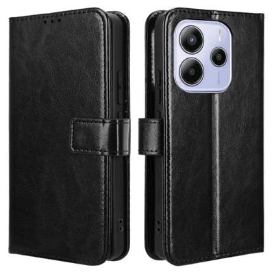 For Xiaomi Redmi Note 14 4G (164.84mm) Case Crazy Horse Texture PU Leather Phone Wallet Cover - Black