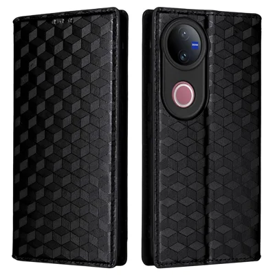 For vivo V50 5G Case Wallet Rhombus Imprinted Leather Phone Cover - Black