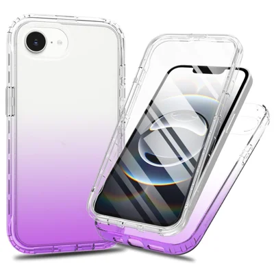 For iPhone 16e Hoes met ingebouwde PET-schermbeveiliger PC+TPU volledige bescherming schokbestendig telefoonhoesje - Paars