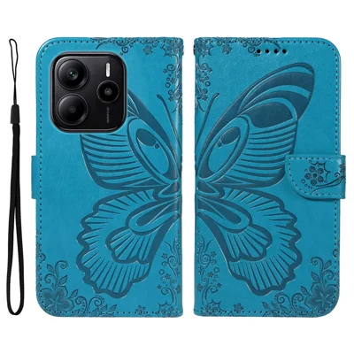 For Xiaomi Redmi Note 14 4G (164.84mm) Case Butterfly Pattern PU Leather Folio Flip Phone Cover -  Blue