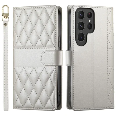 For Samsung Galaxy S24 Ultra Case Rhombus Stitching Wallet Stand Leather Phone Cover with Long  /  Short Strap - Beige