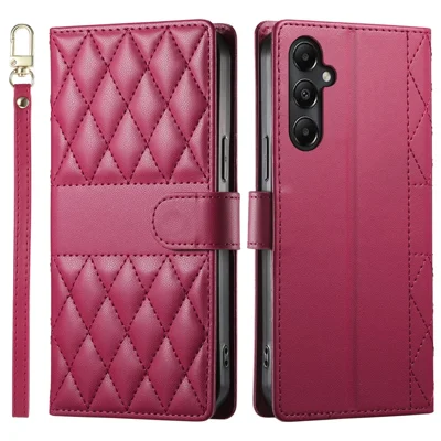 For Samsung Galaxy A05s 4G Case Rhombus Stitching Wallet Stand Leather Phone Cover with Long  /  Short Strap - Rose
