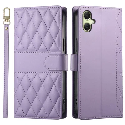 For Samsung Galaxy A06 4G Case Rhombus Stitching Wallet Stand Leather Phone Cover with Long  /  Short Strap - Purple