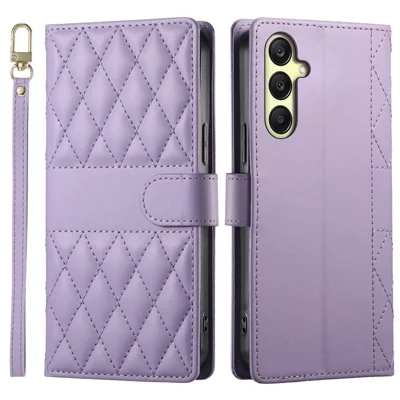 For Samsung Galaxy A16 5G  /  4G Case Rhombus Stitching Wallet Stand Leather Phone Cover with Long  /  Short Strap - Purple