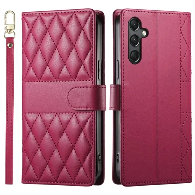 For Samsung Galaxy A24 4G (162.1 x 77.6 x 8.3mm) Case Rhombus Stitching Wallet Stand Leather Phone Cover with Long  /  Short Strap - Red