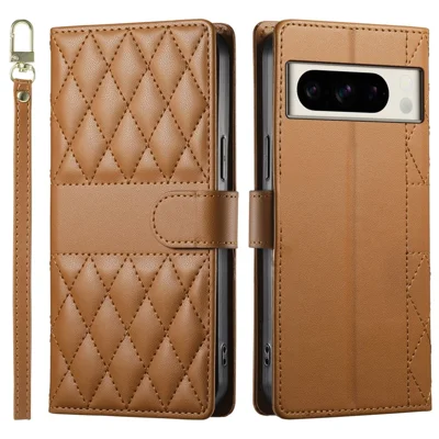 For Google Pixel 8 Pro Case Rhombus Stitching Wallet Stand Leather Phone Cover with Long  /  Short Strap - Brown
