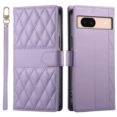 For Google Pixel 8a Case Rhombus Stitching Wallet Stand Leather Phone Cover with Long  /  Short Strap - Purple