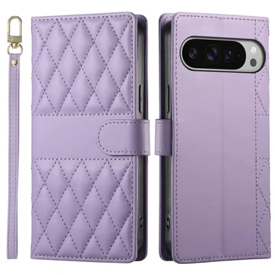 For Google Pixel 9 Pro XL Case Rhombus Stitching Wallet Stand Leather Phone Cover with Long  /  Short Strap - Purple