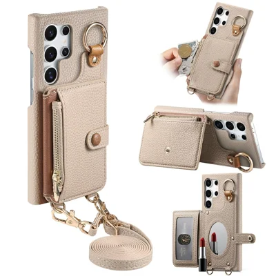 For Samsung Galaxy S25 Ultra Leather Phone Back Cover Zipper Card Holder Kickstand with Mirror and Long Strap - Khaki Grey