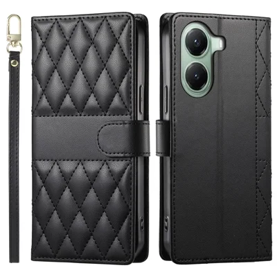 Voor Xiaomi Poco X7 Pro 5G / Redmi Turbo 4 5G hoesje Ruitsteekjes portemonnee standaard leren telefoonhoesje met lange / korte draagband - Zwart