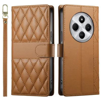 Leren hoesje voor Xiaomi Redmi 14C 4G / 14R 5G / A3 Pro 4G / A4 5G / Poco C75 4G Ruitvormige steek telefoonhoes met lange / korte band - Bruin