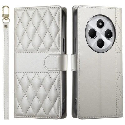 Leather Case For Xiaomi Redmi 17C 4G / 14C 4G  /  14R 5G  /  A3 Pro 4G  /  A4 5G  /  Poco C75 4G Rhombus Stitching Phone Cover with Long  /  Short Strap - Beige