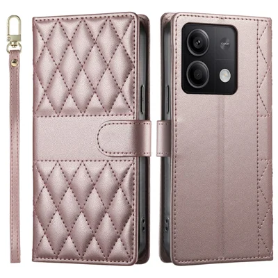 Voor Xiaomi Redmi Note 13 5G hoesje Ruitvormige steekportemonnee standaard lederen telefoonhoes met lange / korte draagband - Roze goud