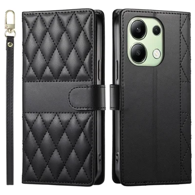 Voor Xiaomi Redmi Note 13 4G hoesje Ruitvormig stikselpatroon Wallet Stand Leren telefoonhoes met Lange / Korte draagband - Zwart