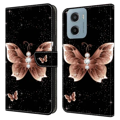 For Motorola Moto E15 4G Case 3D Pattern PU Leather Wallet Phone Cover with Stand - Pink Diamond Butterfly