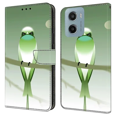 For Motorola Moto E15 4G Case PU Leather Wallet Phone Cover with Stand - Green Bird