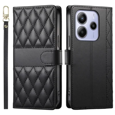 Voor Xiaomi Redmi Note 14 4G (163,25 mm) hoesje Ruitsteeksteekjes portemonnee standaard leren telefoonhoesje met lange / korte draagband - Zwart