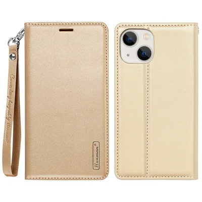 HANMAN Minuo Series Wallet Phone Case for iPhone 14, PU Leather + TPU Foldable Stand Magnetic Auto-absorbed Cover - Gold