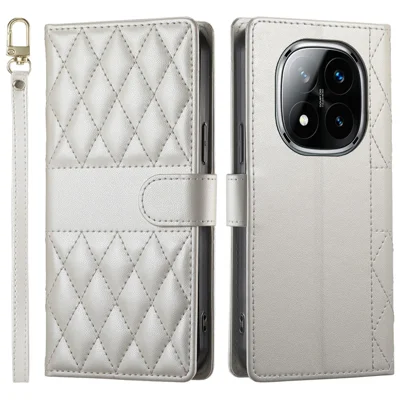 Voor Xiaomi Redmi Note 14 Pro+ 5G hoesje Ruitvormige steekjes Wallet Stand Lederen telefoonhoes met Lange / Korte band - Beige