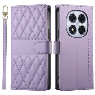 Voor Xiaomi Redmi Note 14 Pro 4G hoesje Ruitvormig stikselpatroon Wallet Stand Leren telefoonhoes met Lange / Korte draagband - Paars
