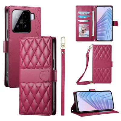 Voor Xiaomi 15 Hoesje Ruitvormige Steek Portemonnee Stand Lederen Telefoonhoes met Lange / Korte Band - Rood