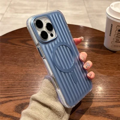 For iPhone 16 Pro Magnetic Case Corrugated Design PC + TPU Shockproof Phone Back Cover - Blue