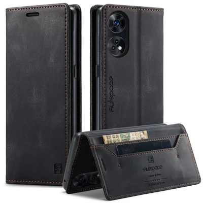 AUTSPACE For Oppo Reno8 T 4G Wallet Case  A01 Leather Stand Cover with RFID Blocking Card Holder - Black